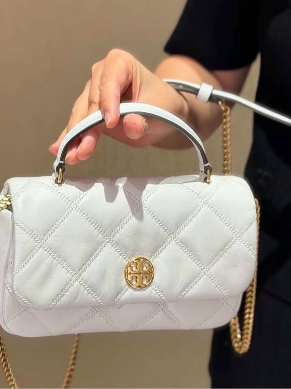 Tory Burch Willa White Quilted Leather Top-Handle Satchel with Gold Hardware